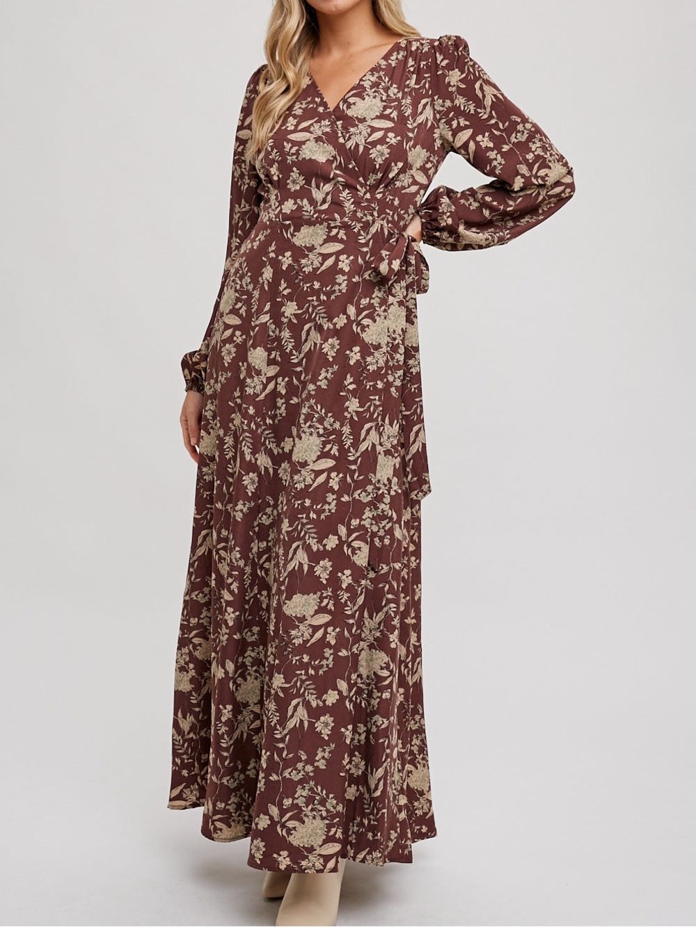 Bluivy Brown Floral Wrap Maxi Dress with Cream Print